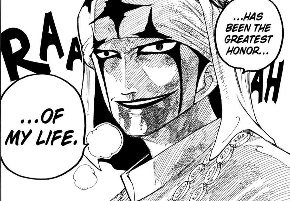 One Piece manga panel featuring a character in a headdress, Pell, smiling with pride, stating: “…has been the greatest honor…of my life.” Background shows a "RAAAH" sound effect.