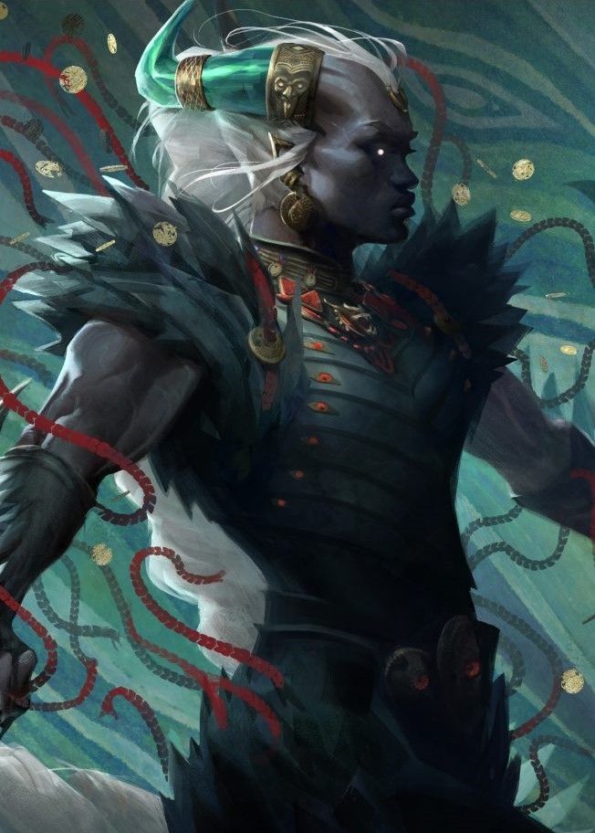 Stylized art of the character Taash from Dragon Age: Veilguard, used as their 'tarot card' to represent them in the game menus.