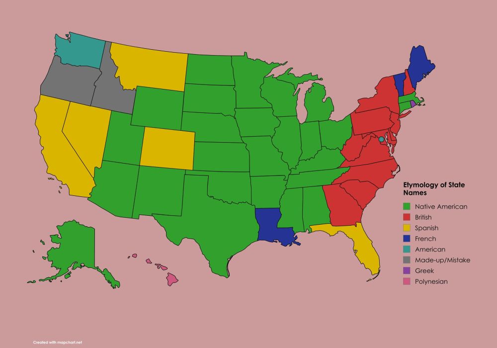 Map of the Unites States showing the etymology of state names with origins coming from Native Americans, the British, French, Spanish, American, Greek, Polynesian, and two that are just made up or mistakes. 