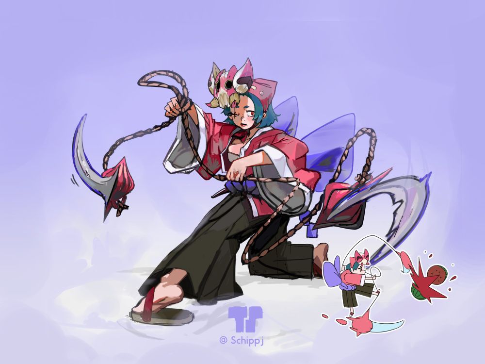 Female fighter in pink kimono, with meteorhammer-like scythes and mask that resembles a Orchid Mantis. Hips twisting as though she just lunged a scythe towards the viewer, ready to pull the weight back.