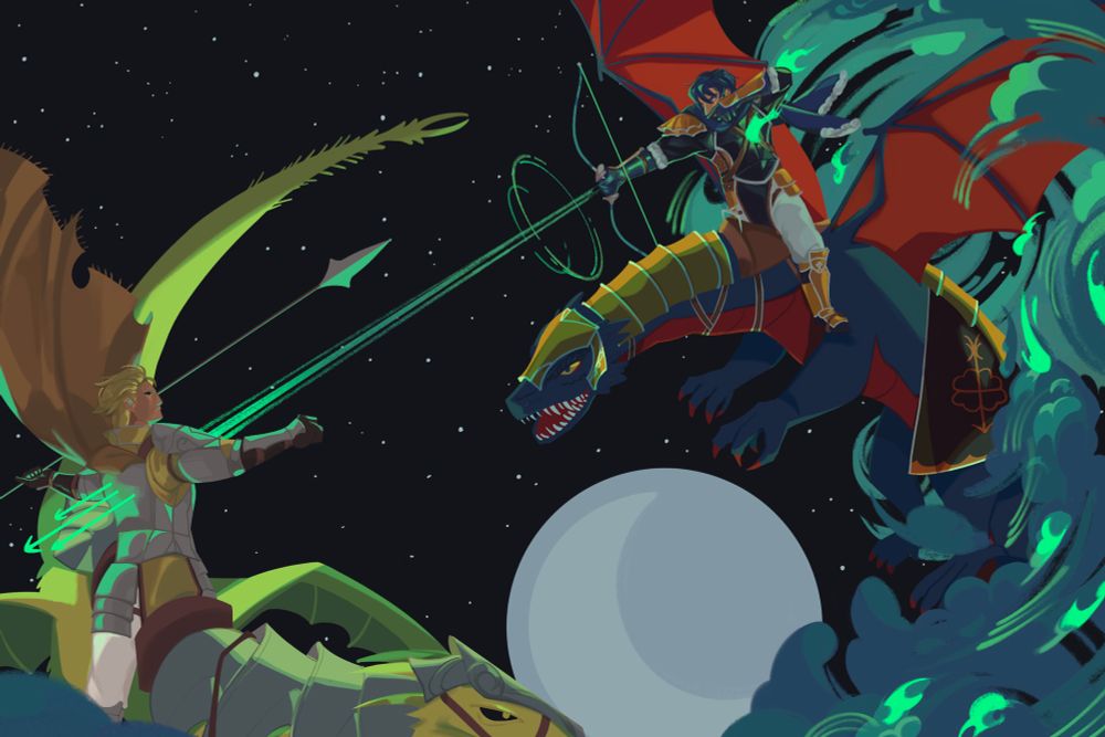 A digital illustration depicting Freddric and (simulacrum) Tarquin from Fire Emblem: The Morrow’s Golden Country during the final battle. The two are fighting in the night sky, the full moon in the background. Freddric and Beryl soar above Tarquin, the clouds around them forming a wingtip vortex as a result. Dark clouds surround the two, alight with a stark green glow from Freddric wielding the Soulbow, an arcane looking bow with a magical, green drawstring. Ten glowing, green wisps can be seen. Freddric is depicted just having fired his shots, using three arrows like the Vagrant class critical hit animation, striking Tarquin through his vitals in the torso. Tarquin bears no expression, having only hollow eye sockets with glowing irises. Freddric, by contrast, looks furious and vindictive both; his expression is mostly covered up by his hand, but this is betrayed by the anger in his eyes as he kills Tarquin.