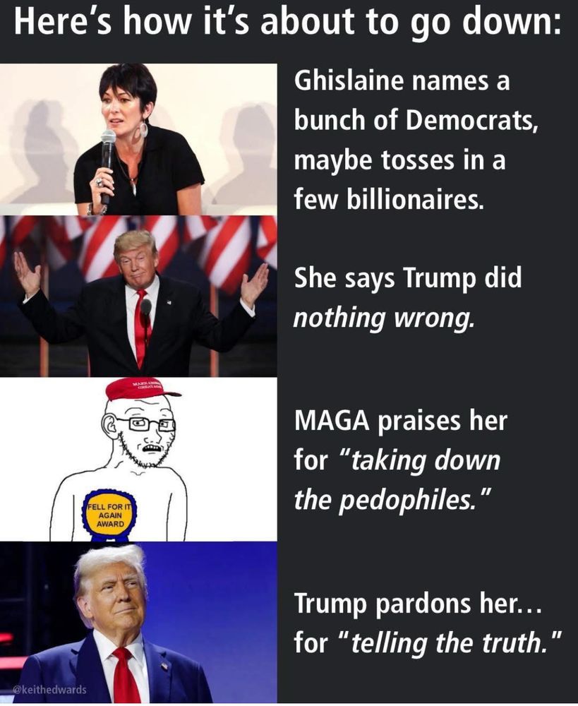 Here's how it's about to go down: Picture of Maxwell: Ghislaine names a bunch of Democrats, maybe tosses in a few billionaires. Picture of Trump: She says Trump did nothing wrong. Meme of MAGA: praises her for 