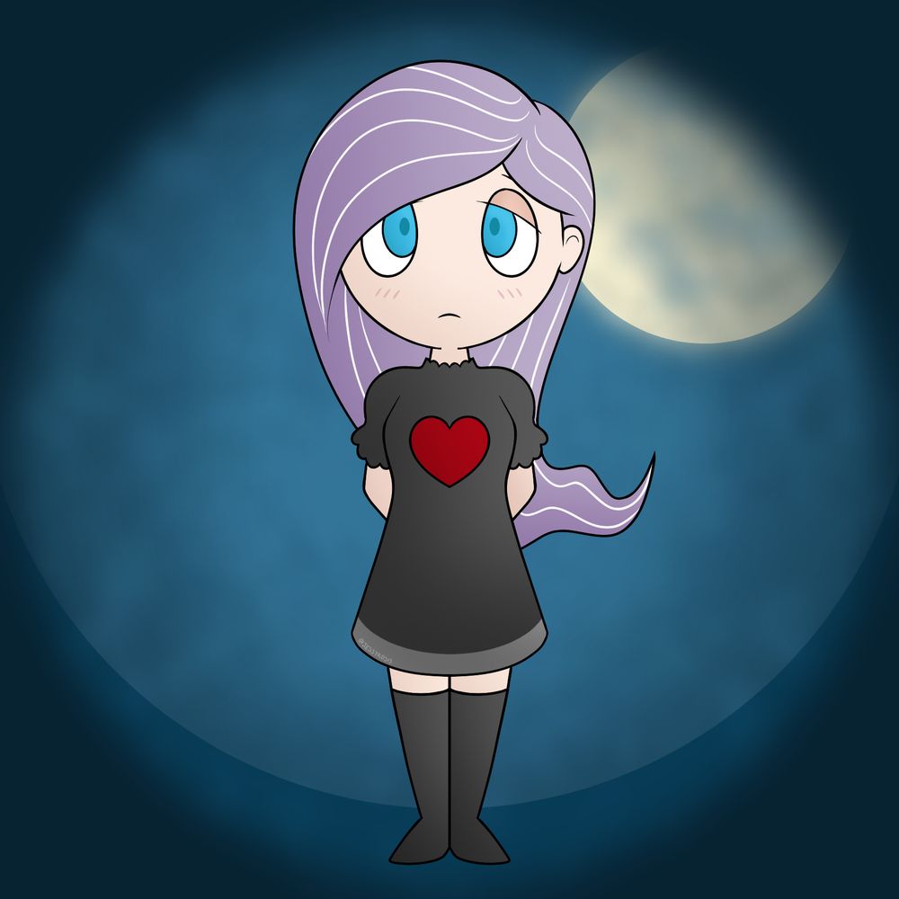 A digital drawing of Gabrielle from the 3DS game Gabrielle's Ghostly Groove. She's standing against a dark blue background. The moon is of too the side behind her.