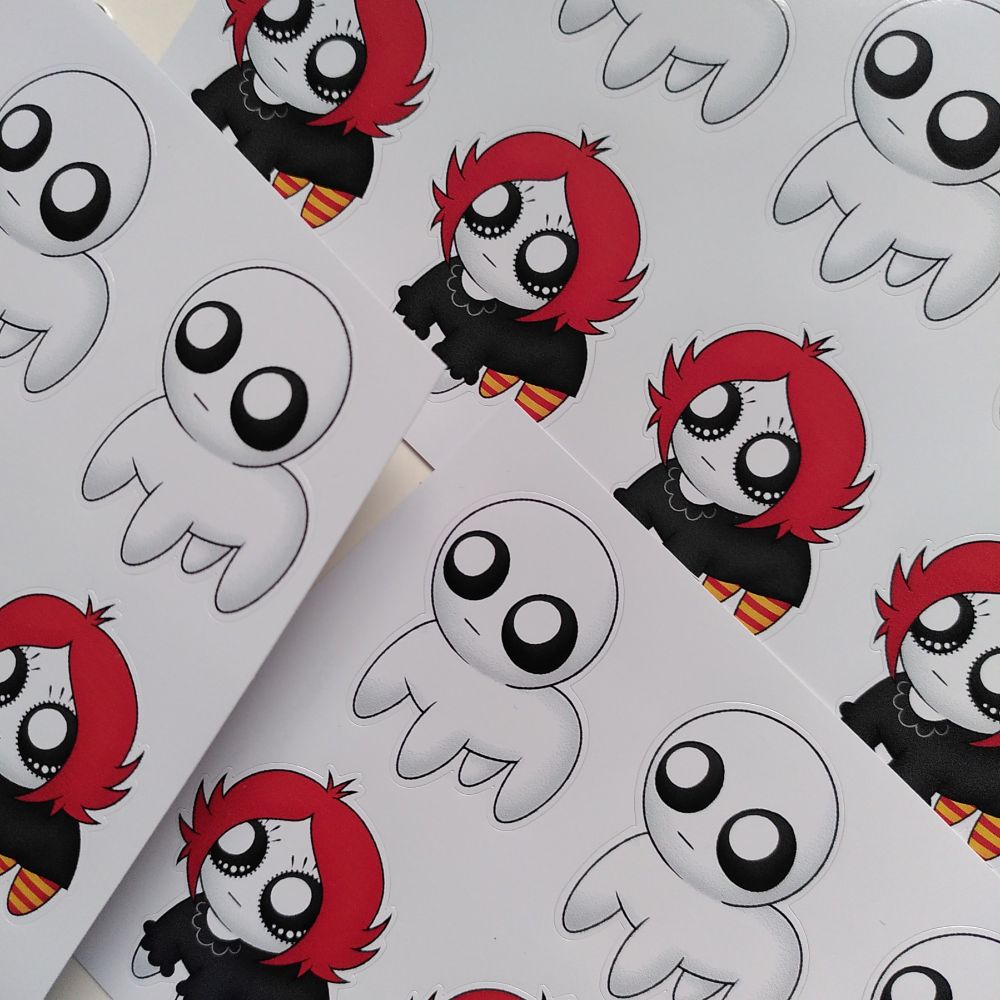 Three sticker sheets of the autism creature meme, half of the creatures are dressed as Ruby Gloom.