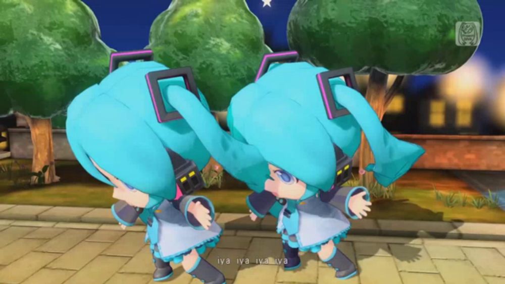 a video game screen shows two hatsune miku dolls