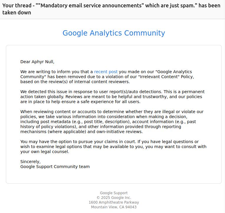 An email from Google Analytics informing me that my post was taken down "due to a violation of our 'Irrelevant Content' Policy".