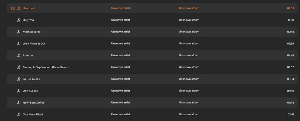 A screenshot of the exported songs for my upcoming album.  

There are 10 tracks: Heartbeat, Only You, Morning Birds, We'll Figure It Out, Autumn, Melting In September (Album Remix) Lie, Lie Awake, Don't Speak, How 'Bout Coffee, One More Night