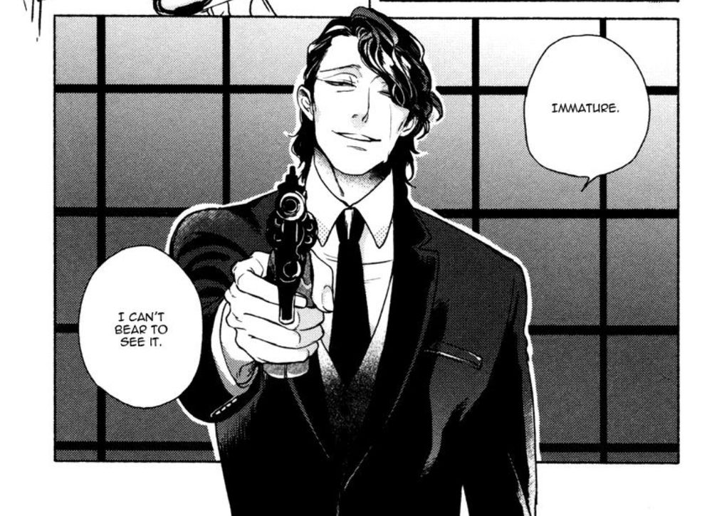 Rogi Uichi as pictured in "Fourth Generation Head: Tatsuyuki Oyamato." He is a middle aged Japanese man with collar length wavy hair and narrow eyes, wearing a black three piece suit. He is pointing a gun directly at the reader. His speech bubbles say "Immature. I can't bear to see it."