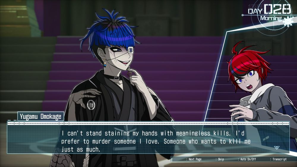 Yugamu Omokage from The Hundred Line. He is a blue haired young man with pale skin, black and grey robes, and a paper eyepatch with a drawn-on eye. He looks wistful with a finger to his chin as he smiles. He is saying "I can't stand staining my hands with meaningless kills. I'd prefer to murder someone I love. Someone who wants to kill me just as much." There is an inset image of the red haired protagonist Takumi looking horrified.