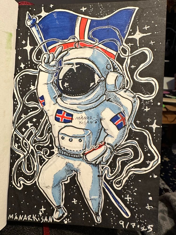 Sketchbook page in limited colors with a drawing of a spaceman floating in space holding a hot dog with the Icelandic flag behind them. 