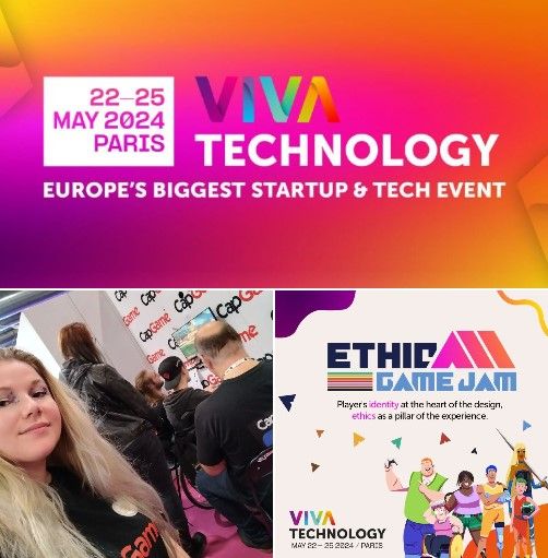 3 images of the Viva Technology event held in Paris from May 22 to 25, 2024. The second image shows a selfie of a blonde woman (myself) pointing to the stand of CapGame, an association working to improve accessibility and understanding of disability in video games and game production. The third image is of the ethicall game jam event I attended at VivaTech.
