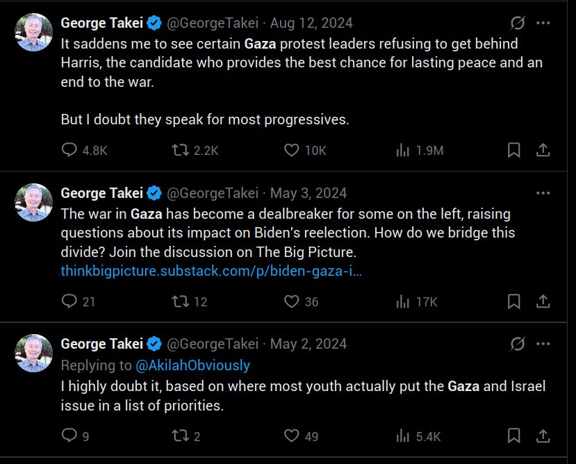 Tweets from George Takei downplaying the war in Gaza and suggesting that it shouldn't be a dealbreaker for progressives who weren't supporting Harris's bid for presidency.
