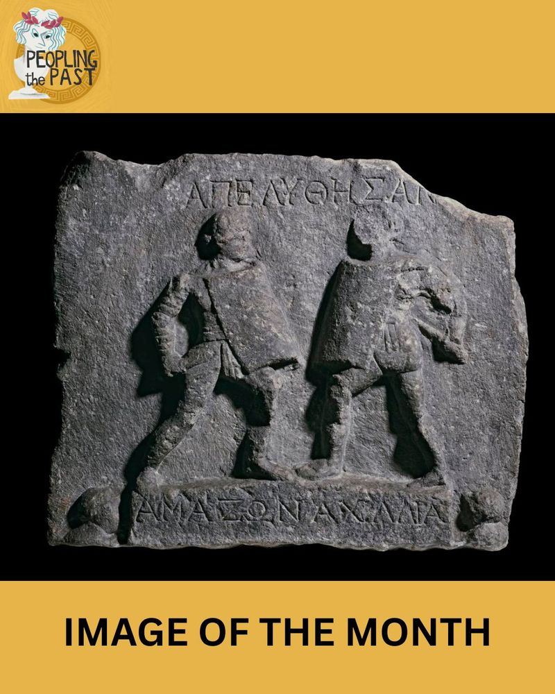 Marble relief commemorating either the release from service or the discharge after a draw of two female gladiators, Amazon and Achillia. They are armed, and advancing to attack, with swords and shields. The figure on the right is missing the head. They stand on a platform, and below on each side is the head of a spectator. Inscribed above and on the platform. They are shown with the same equipment as male gladiators, but without helmets.