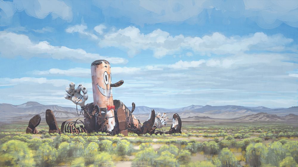 simon stalenhag painting of comical abandoned gigantic robot in a western high desert setting
