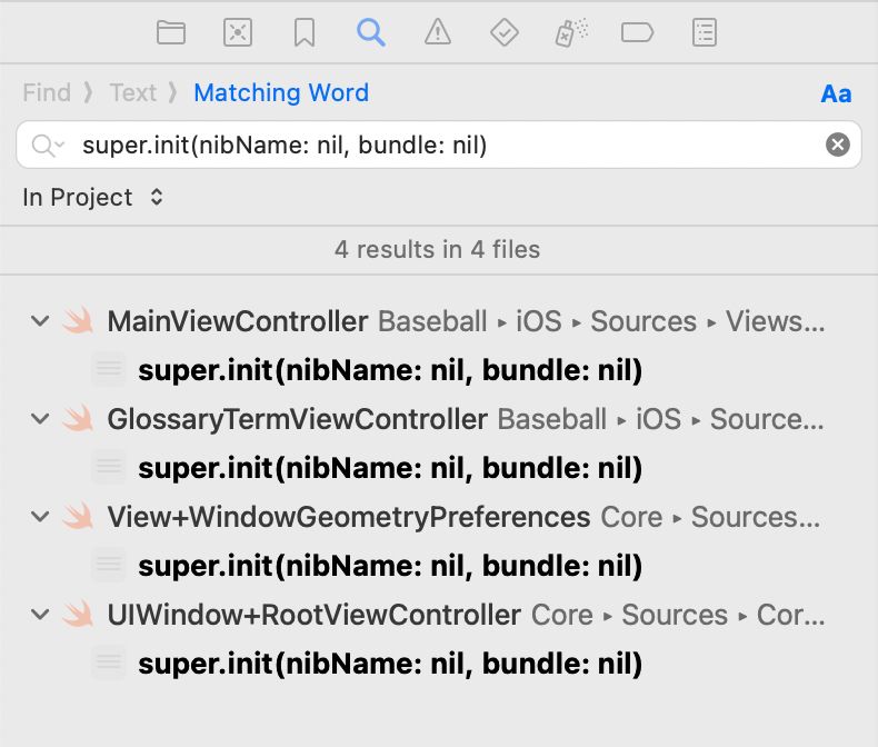 Xcode Find navigator search for `super.init(nibName: nil, bundle: nil)` with four matching search results.