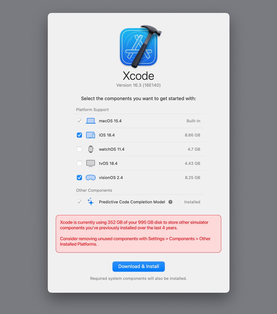 Xcode component install view, including a fictional warning about Xcode's excessive disk space usage.