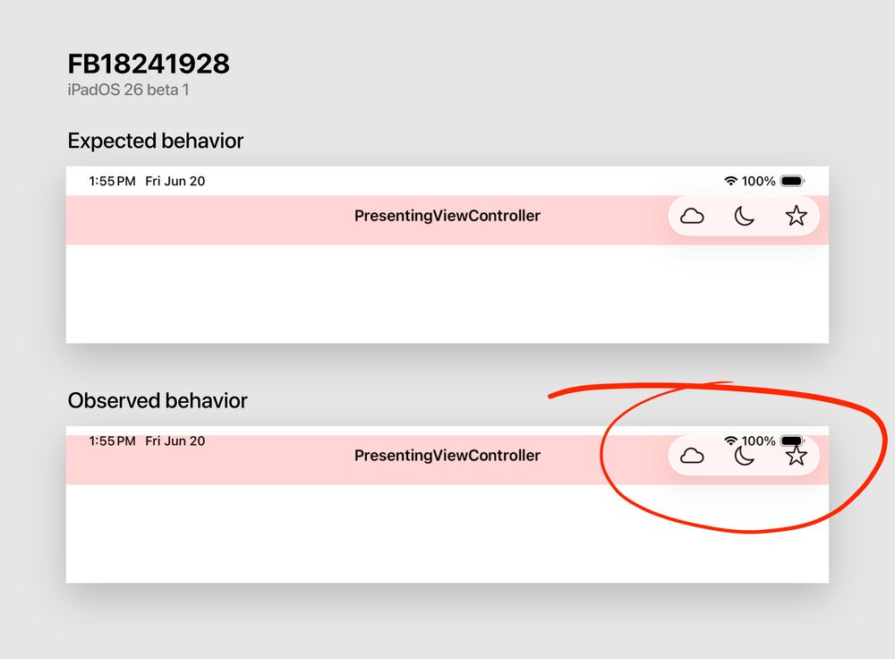 An illustration of an iPadOS 26 beta bug, showing how the navigation bar can be inset underneath the status bar