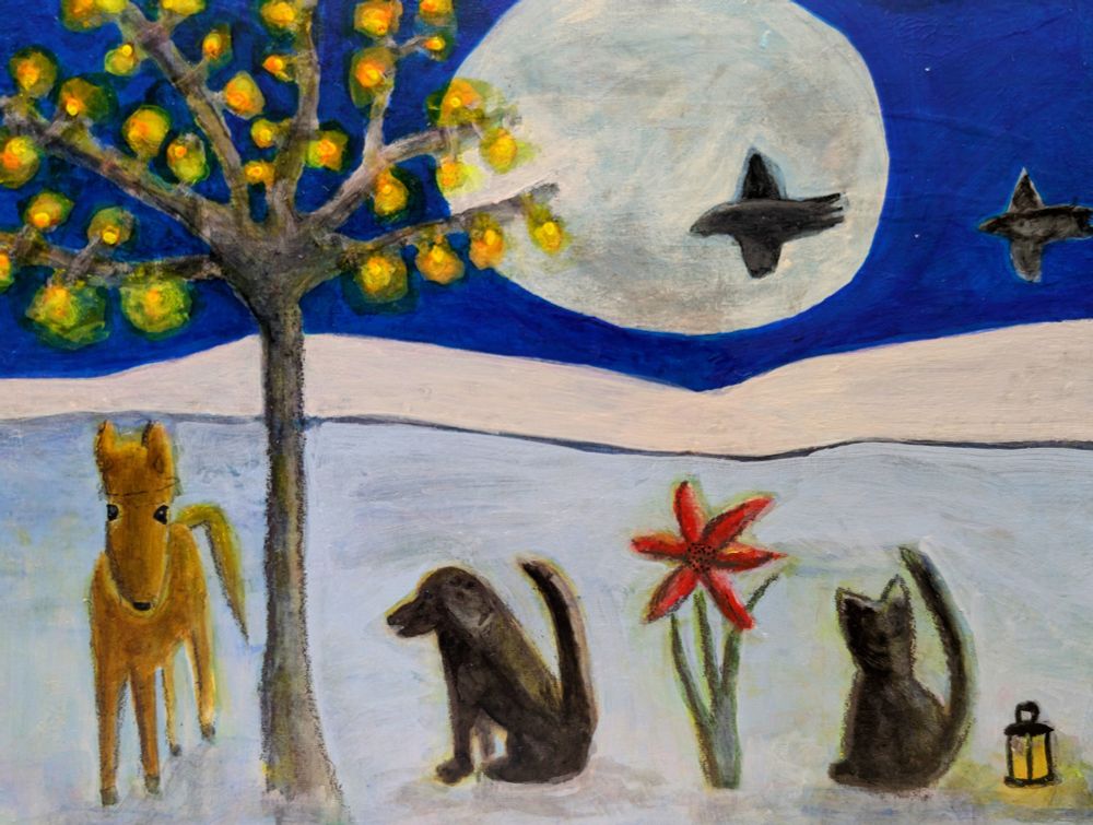 "Solstice with Friends."  Acrylic on paper. #naiveart #natureheals