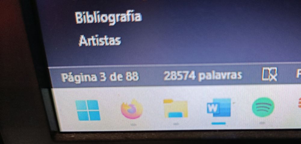 Foto de canto de tela de computador mostrando: "Página 3 de 88 | 28574 palavras"