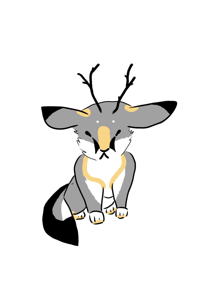 A small grey fox and jackalope hybrid sitting calmly