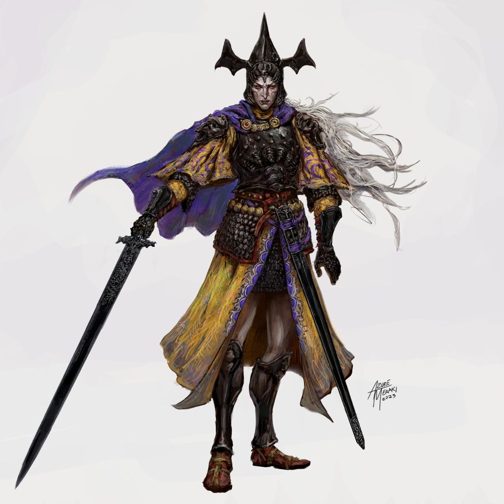 Sword and sorcery guy Elric of Melnibone standing against a white background 