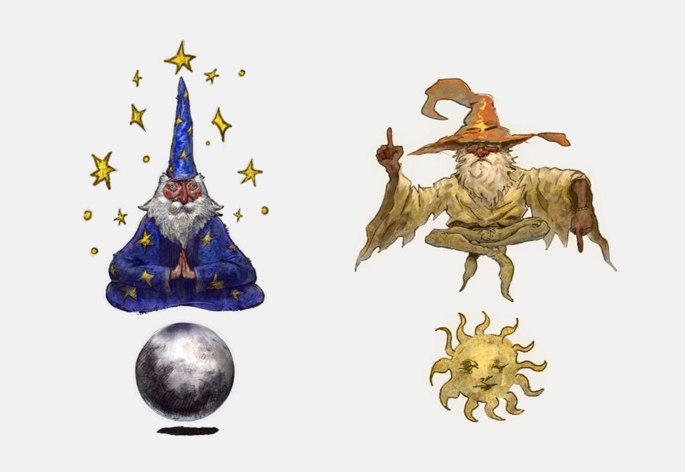 moon ball riding wizard with erect hat and sun riding wizard with flaccid hat but thick brim y'know