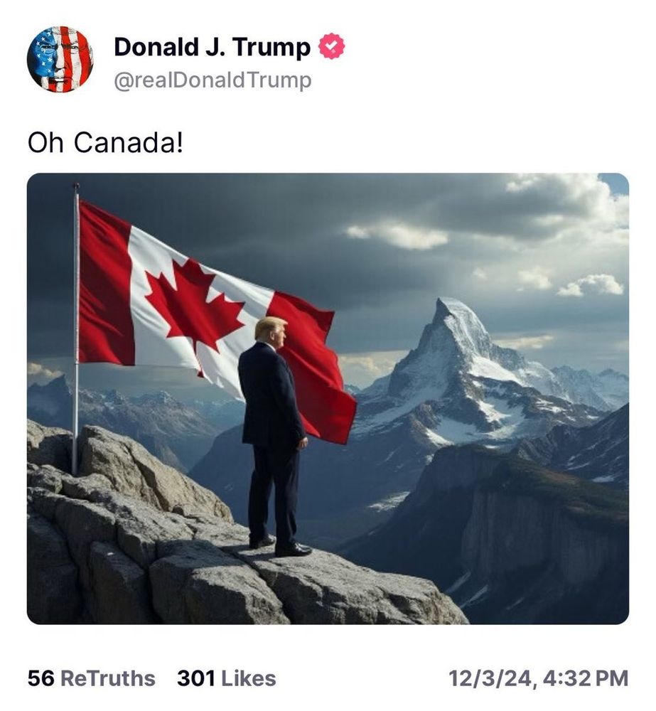 Screenshot eines Tweets von Donald Trump mit einen offensichtlich KI-generierten Bild mit der kanadischen Flagge und dem Matterhorn im Hintergrund. Der Tweet hat folgenden Text: "Oh Canada!"