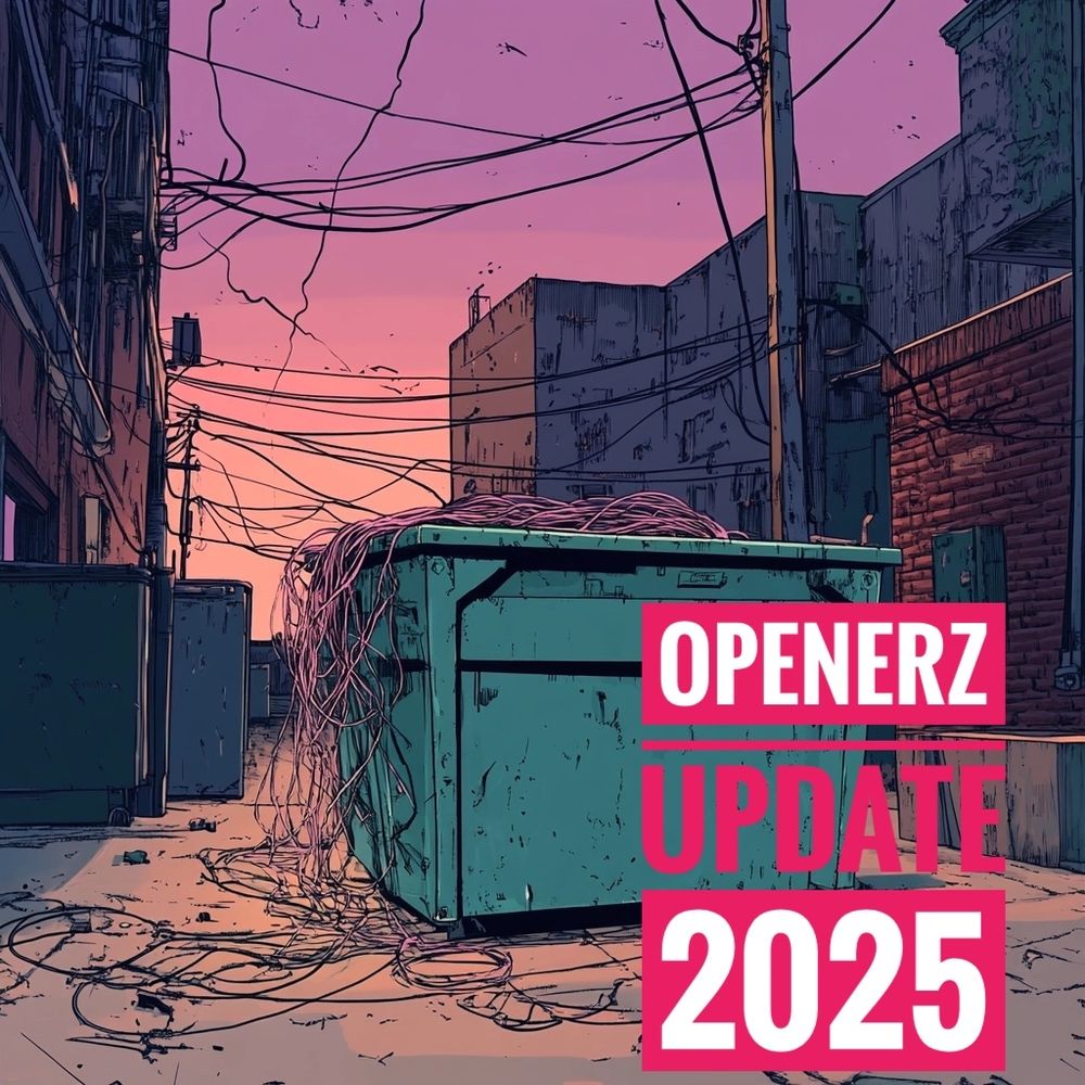 Abfallcontainer mit Kabeln darin davor der Text "OpenERZ Update 2025"