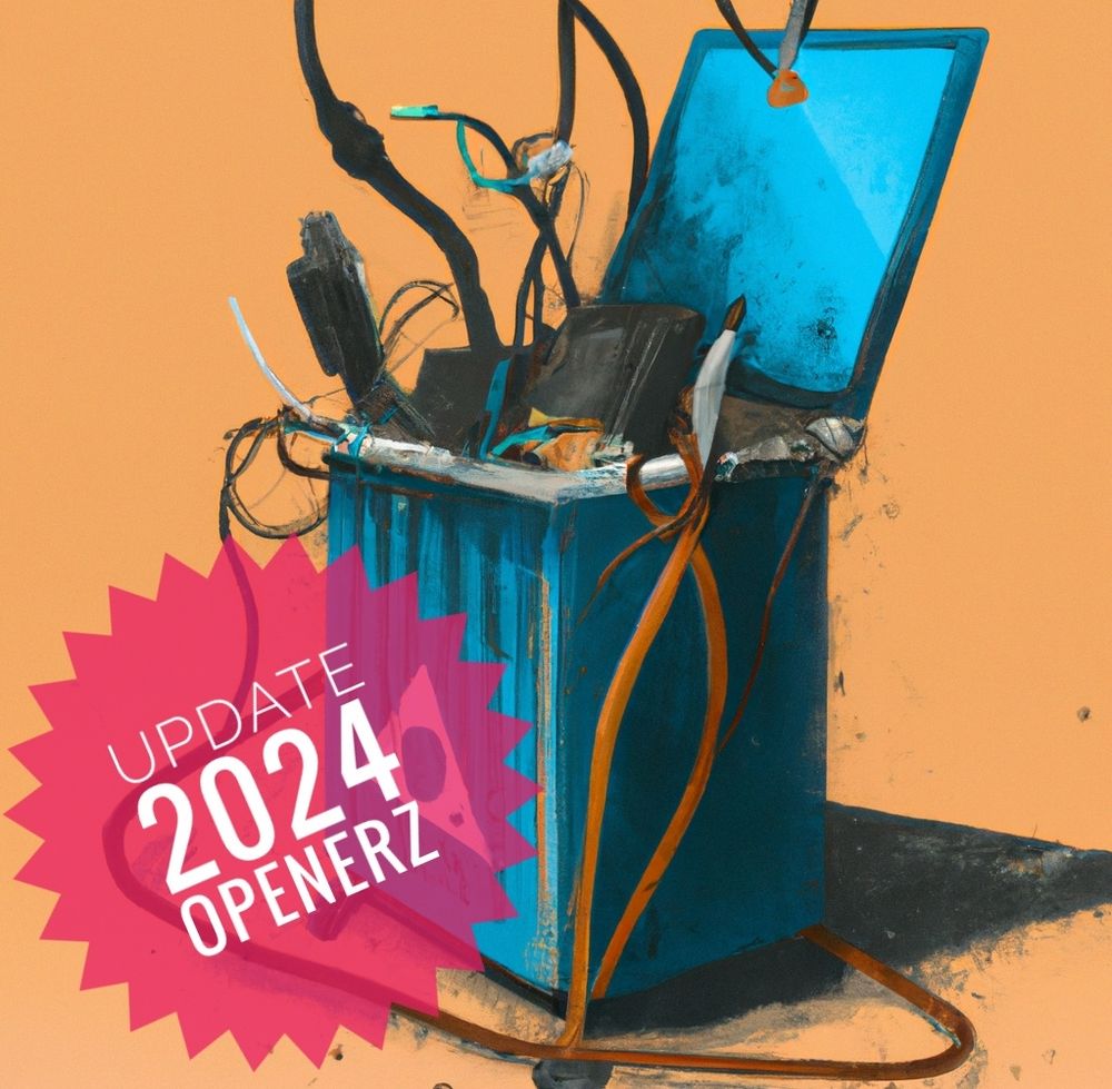 Abfallcontainer mit einem Computer und Kabeln darin. Auf dem Bild hat es den Text: "Update 2024 OpenERZ"