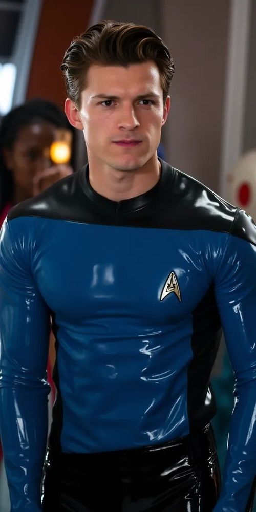 An ai generated image of Tom Holland wearing a shiny blue and black latex Star Trek uniform.