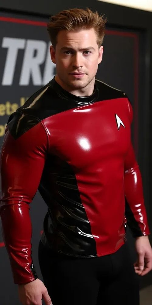 Kit Connor wearing a tight and shiny red star trek uniform. His muscles bulge in the uniform.