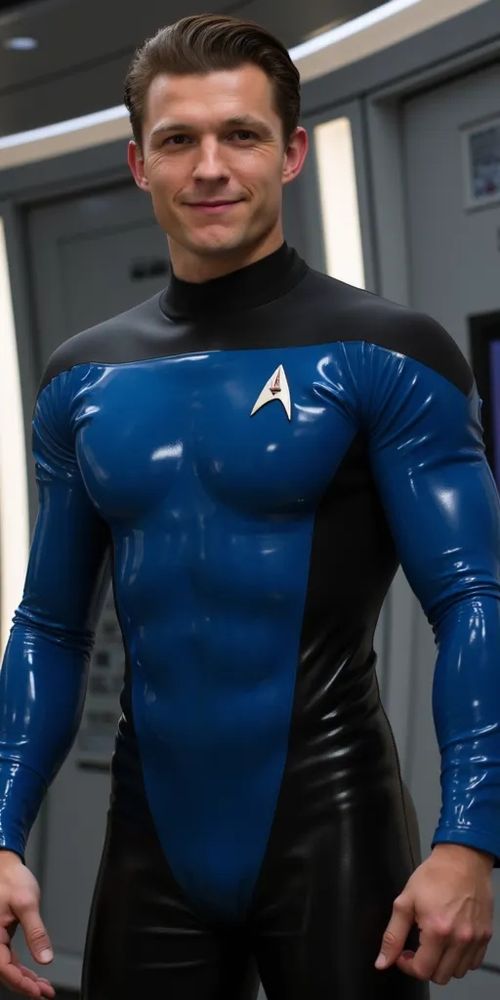 An ai generated image of Tom Holland wearing a shiny blue and black latex Star Trek uniform.