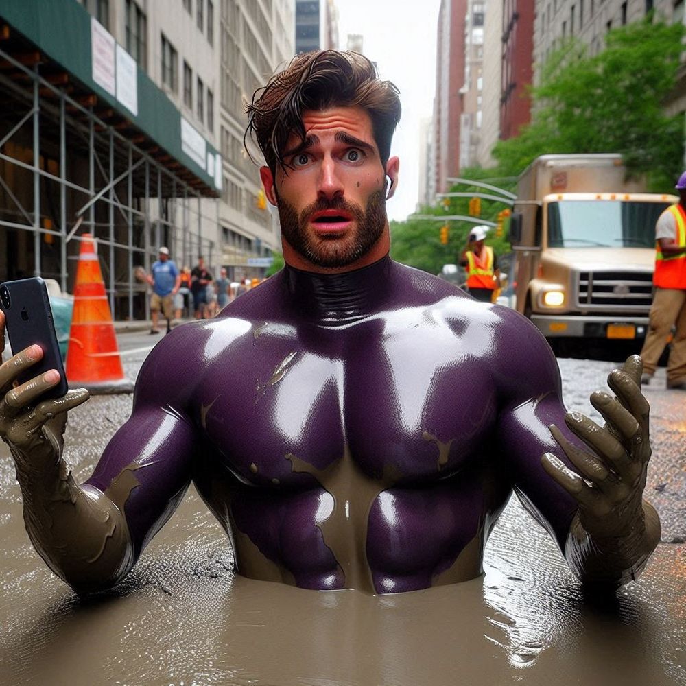 A muscular man wearing a shiny purple latex suit has fallen waist deep into wet concrete on a construction site in New York City. He's holding his hands out with a confused expression on his face, he's holding an iPhone in his right hand. The man has messy brown hair and a beard. He has AirPods in. It's clear he wasn't looking where he was going and that is why he is in the predicament. There are construction workers behind him wearing high visibility clothing.