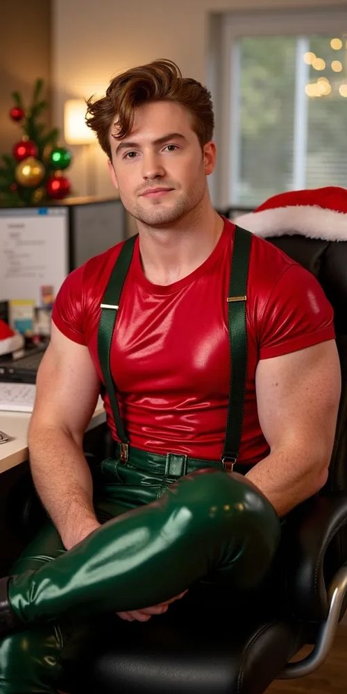 An AI generated image of Kit Connor, sitting at an office desk in his workplace. It's decorated for Christmas. He's looking festive wearing a shiny red t-shirt, dark green latex leggings and dark green suspenders.