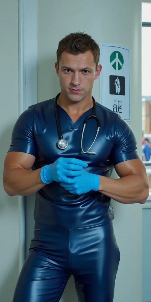 An ai generated image of Tom Holland, standing in an A&E department at a hospital. He's wearing tight navy blue latex doctors' scrubs and blue latex gloves. 