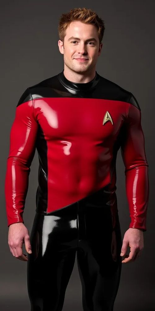 Kit Connor wearing a tight and shiny red star trek uniform. His muscles bulge in the uniform.