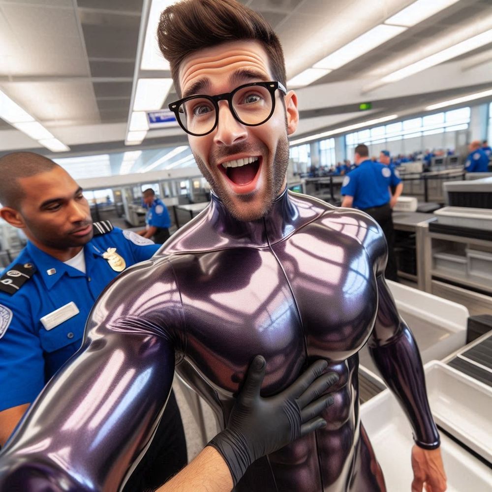 A muscular man with brown hair and glasses is wearing a tight shiny metallic purple latex bodysuit. He is taking a selfie as an airport security officer pats him down.