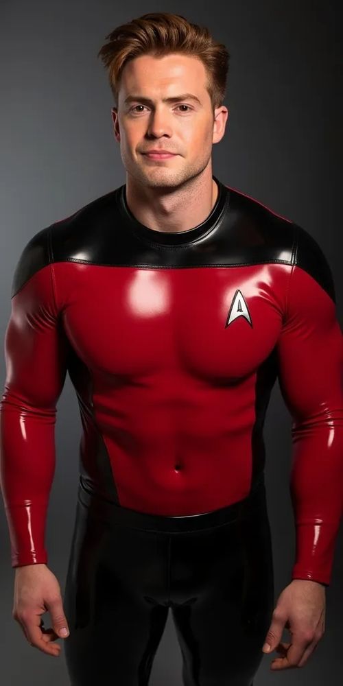 Kit Connor wearing a tight and shiny red star trek uniform. His muscles bulge in the uniform.