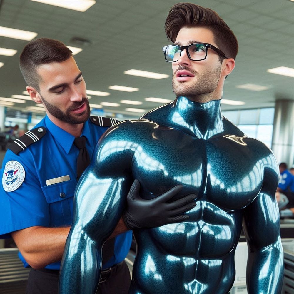 An incredibly muscular man with brown hair and glasses is wearing a shiny metallic teal latex bodysuit. The man is at airport security as an officer reaches around from behind the man and is placing his hand on the man's pecs. They both have a bemused look on their faces.