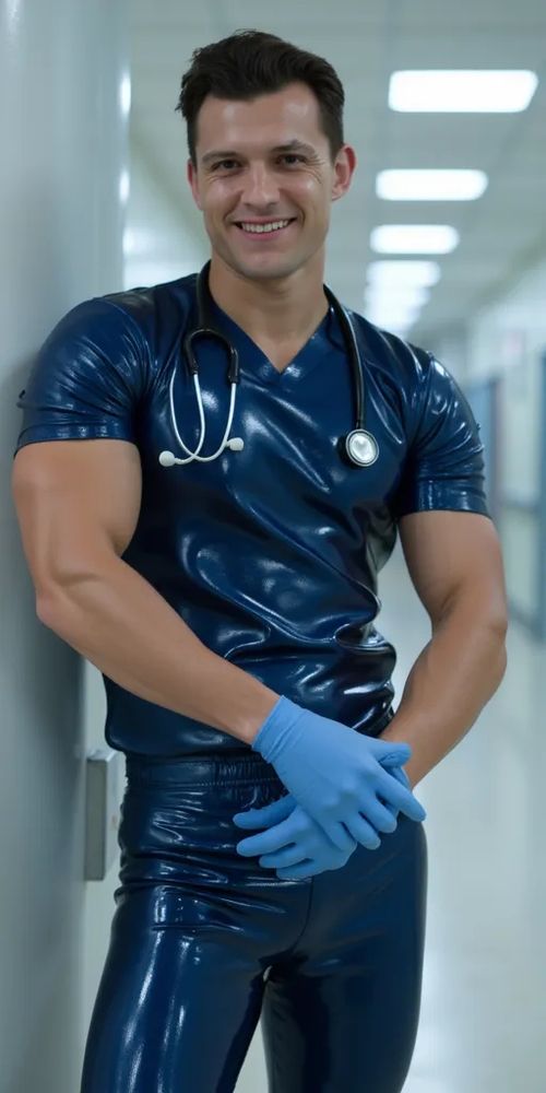 An ai generated image of Tom Holland, standing in an A&E department at a hospital. He's wearing tight navy blue latex doctors' scrubs and blue latex gloves. He has a big smile on his face.