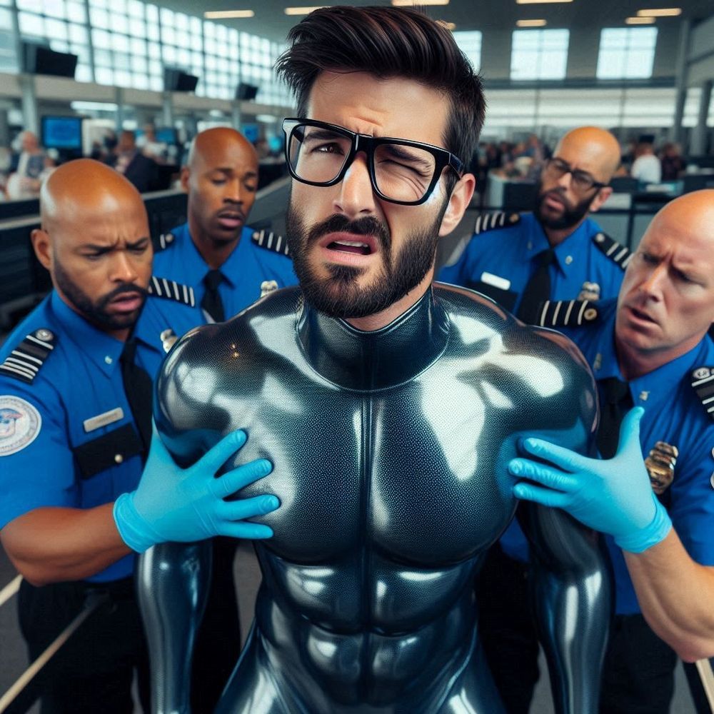 A muscular man with black hair and glasses looked uncomfortable as four airport security officers grab hold of him. The man is wearing a shiny tight metallic blue latex bodysuit. The airport security officers are wearing blue shirts and blue latex gloves. Their hands sink into the man's pecs as they grab hold of him.