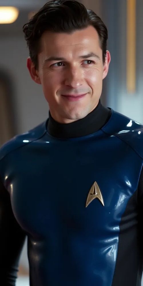 An ai generated image of Tom Holland wearing a shiny blue and black latex Star Trek uniform.