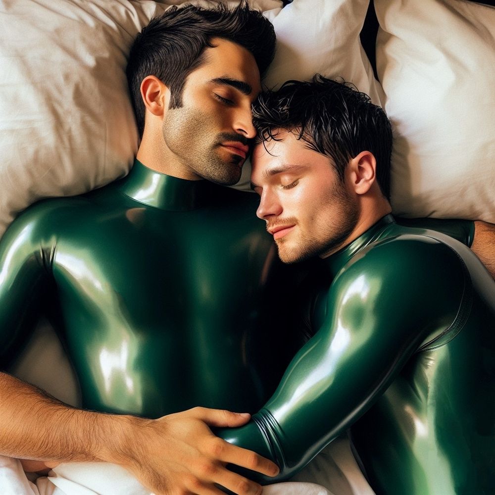 An AI generated photograph of Tyler Hoechlin and Josh Hutcherson both lying in bed, cuddled up together. They're both asleep. They are both wearing bottle green latex clothing.