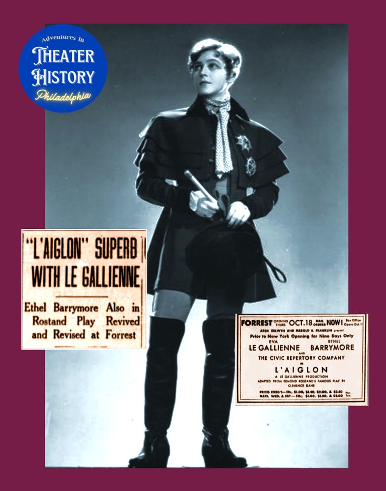 Eva Le Gallienne in costume as the Duc de Reichstadt in Rostand's play "L'aiglon". She is wearing knee boots and carrying a riding crop. 

Insets of newspaper clipping announce her performance in the play in Philadelphia. One headline reads: "L'aiglon Superb with Le Gallienne - Ethel Barrymore Also in Rostand Play."