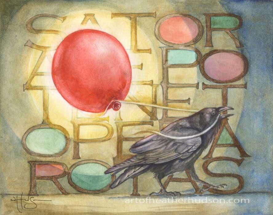 "Easily Distracted" a watercolor by Heather Hudson of a crow drawing a red balloon past an illuminated Satot square.