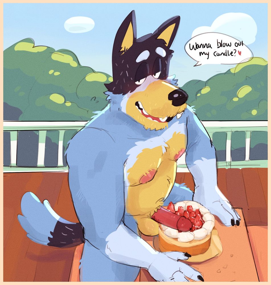 Bandit is leaning over a strawberry shortcake looking up at the camera with a grin asking if you want to blow out his candle (and by "candle", haha, well. lets justr say. his peanits)