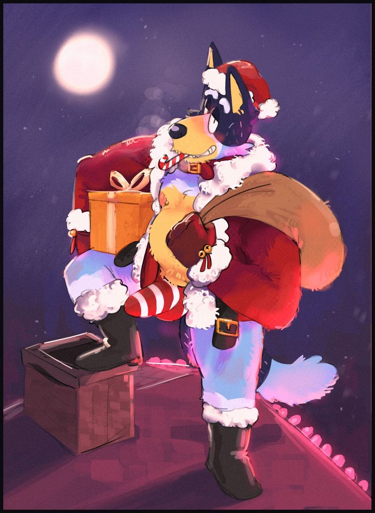 Bandit on a moonlight night in a open Santa garb with a candy striped thong, with his foot up on a chimney. Hes looking at the viewer with a grin and a candy cane in his mouth and holding a golden present under one arm and holding a burlap slung over his shoulder. 