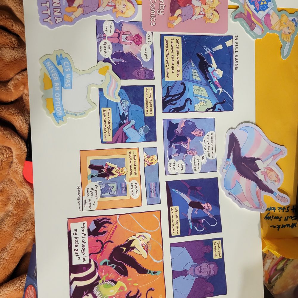 The SpiderGwen comic made my Alienby Comics. Discusses trans themes but is more accessible on their Instagram.