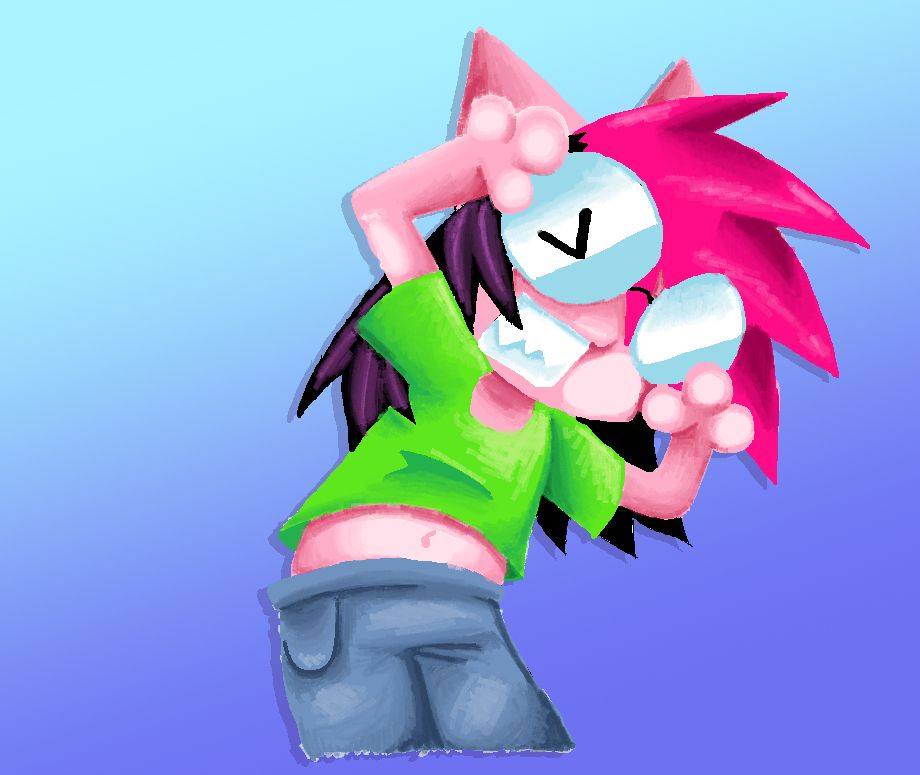 A small pink humanoid cat with big round goggle glasses and a fringe haircut pressed against the screen.