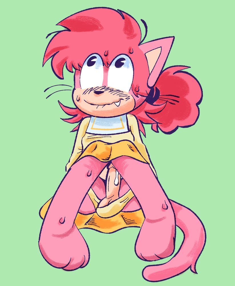 My fursona, Pink The Car, wearing a yellow sailor uniform, sitting with her legs parted, she is erect, with her also-yellow panties doing nothing to hide he penis.